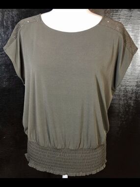 MICHAEL Michael Kors Olive Green Blouse – Lace Shoulders & Smocked Hem – Size L
